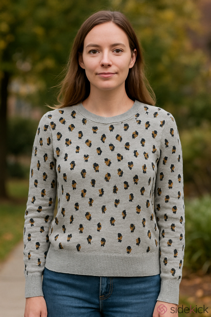 Gap Animal Print Merino Wool Blend Long Sleeve Crew Neck Sweater XS Grey